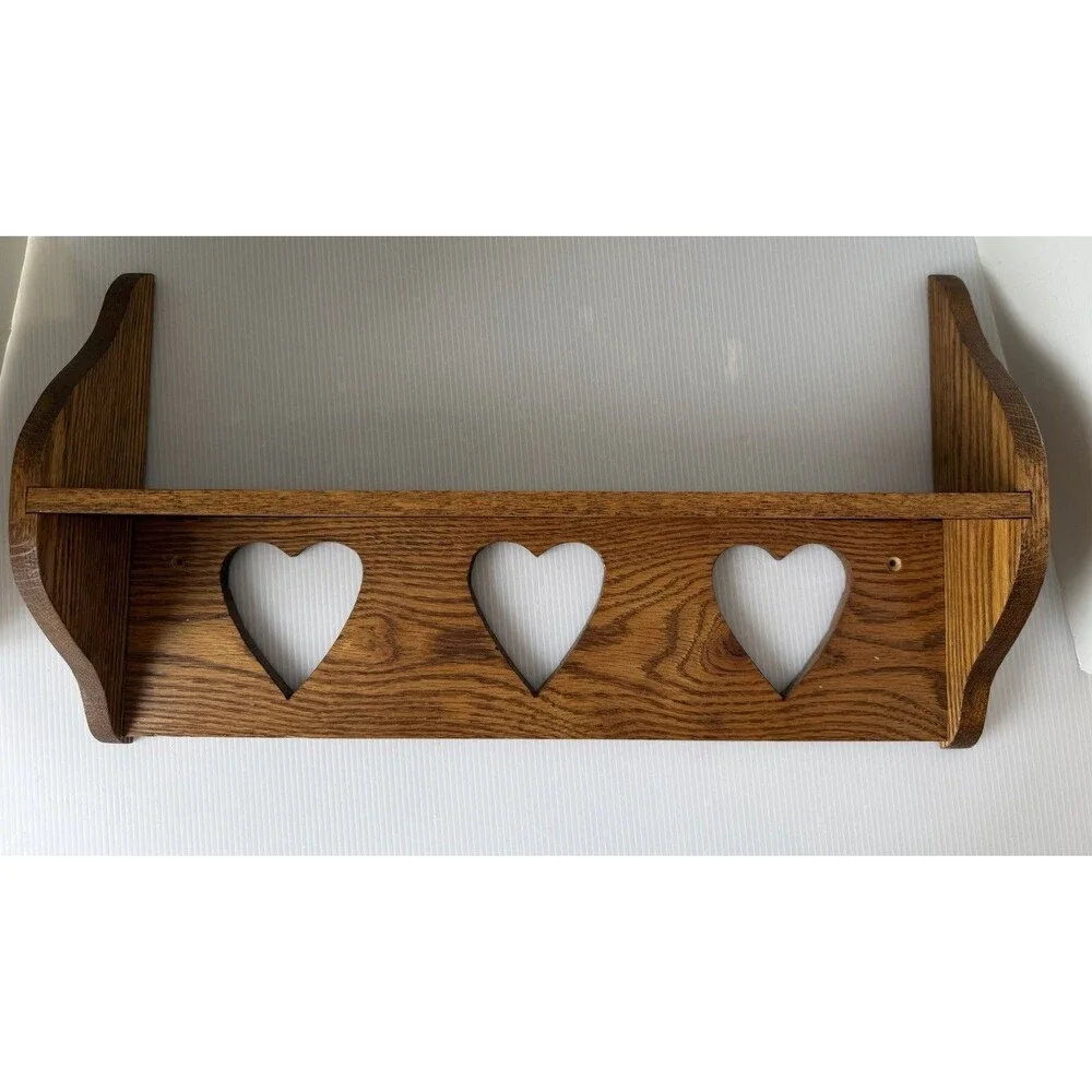 VTG Wood Wall Shelf Heart Cut Out Trinket Display 21” Handmade Cottage Farmhouse